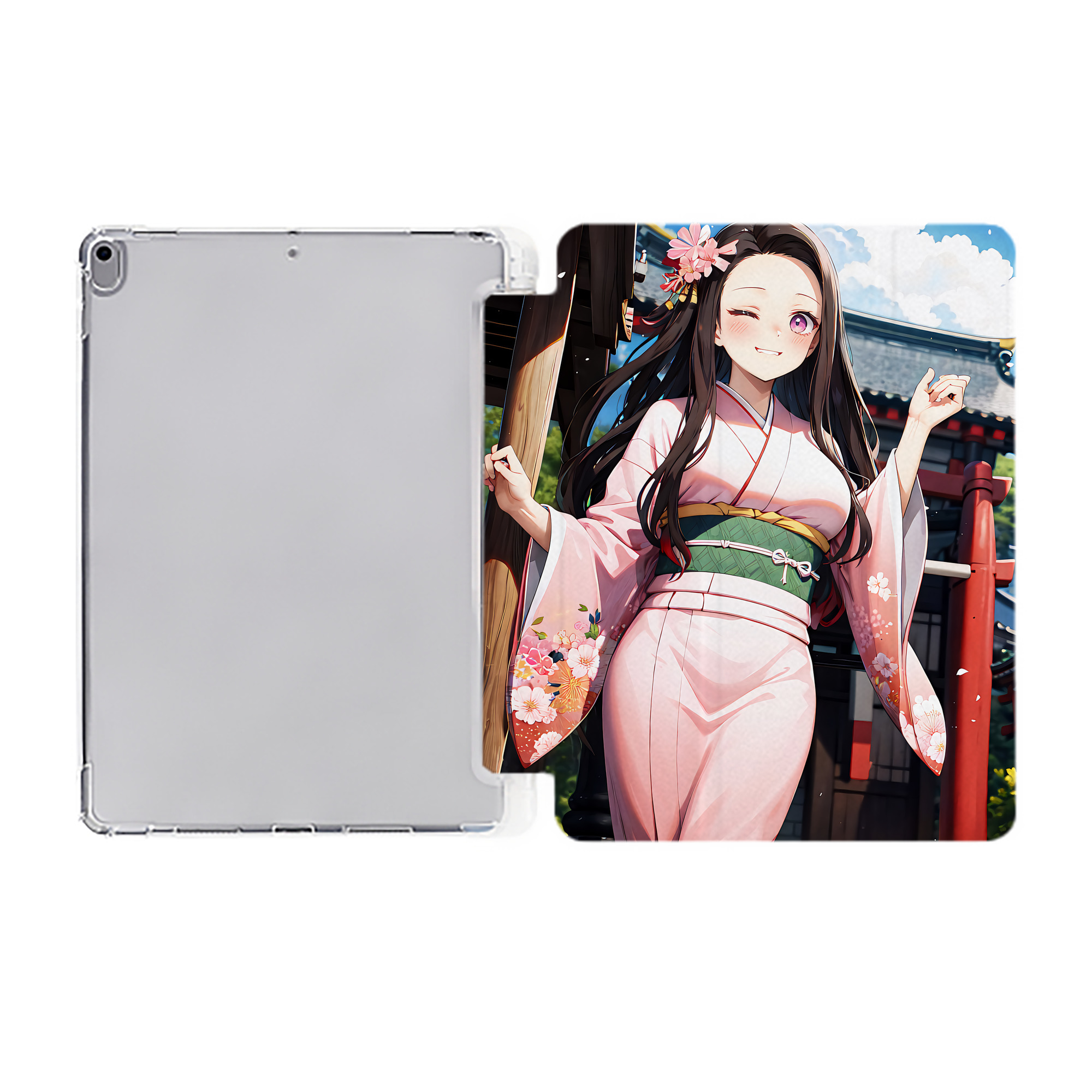 （画像用） 鬼滅の刃（きめつのやいば）竈門 禰󠄀豆子／かまど ねずこ Kamado Nezuko IPad ケース ペン収納付き 三つ折りスタンド PUレザー×シリコン 対応機種9.5/10.5/10.9インチ